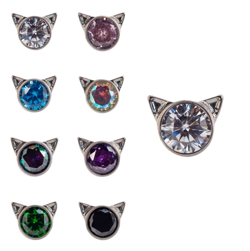 Słodkie kotki z kryształkiem - tytanowy ozdobny labret. Kolorowy kryształ z kocimi uszami. Kolczyki do piercingu ucha, przekłuć płatka, dziecięce.