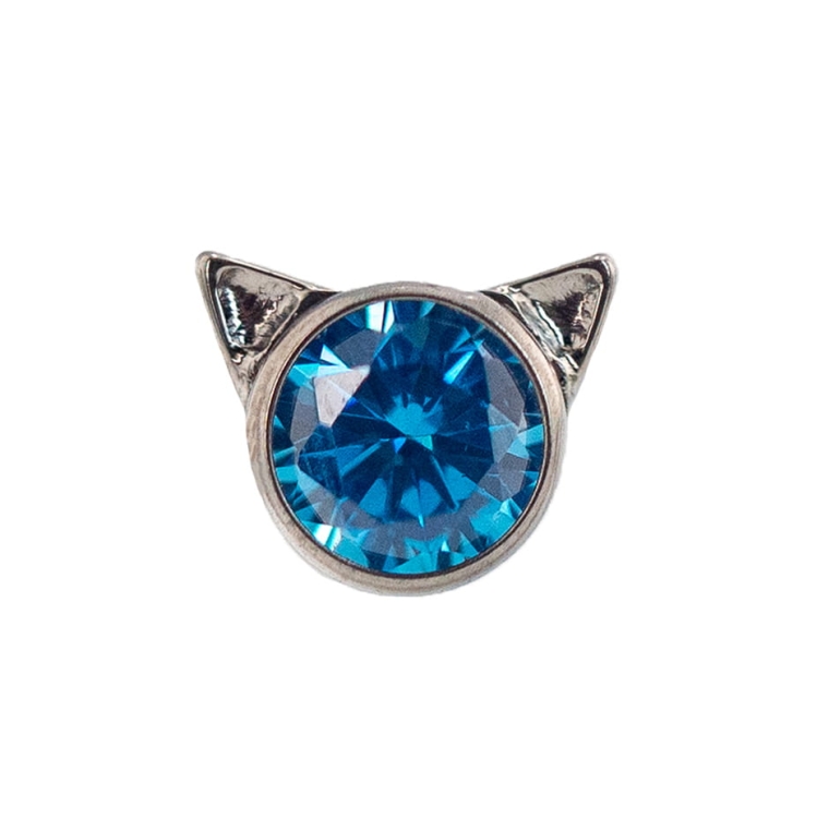 Słodkie kotki z kryształkiem - tytanowy ozdobny labret. Kolorowy kryształ z kocimi uszami. Kolczyki do piercingu ucha, przekłuć płatka, dziecięce. Niebieski