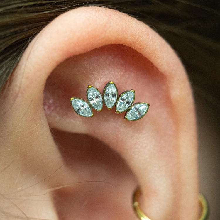 Cluster z 5 dużymi kryształami - tytanowy ozdobny labret. Zagięty złoty kolczyk z 5 cyrkoniami, łezkami w przekłuciu flat.