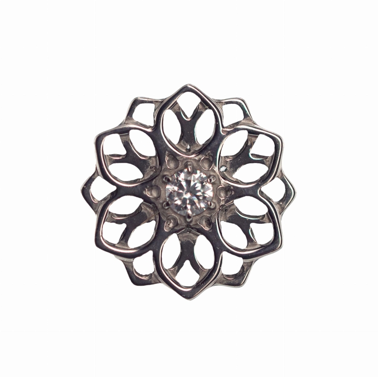 Rozeta mandala z kryształem - tytanowy ozdobny labret. Kolczyk do piercingu ucha.