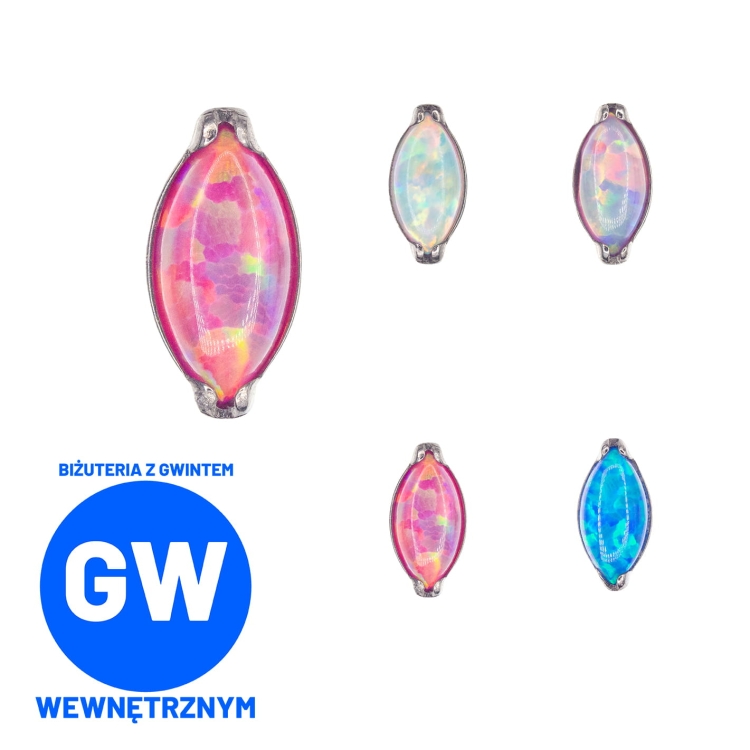 Łezka z opalem - tytanowy ozdobny labret. Kolczyk do piercingu przekłuć ucha tragus helix lobe, kolorowy opal, biały, różowy, niebieski, morski, jednorożec.