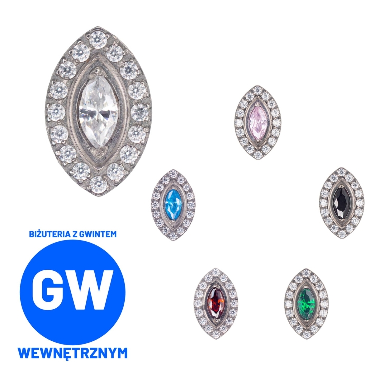 Duża markiza z białymi kryształkami i kolorowym środkiem w tytanowych szponach tytanowy ozdobny labret