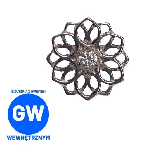 Rozeta mandala z kryształem - tytanowy ozdobny labret. Kolczyk do piercingu ucha.