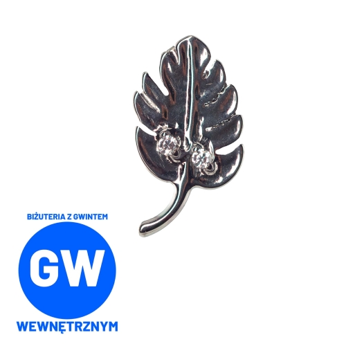 Liść monstery z kryształkami - tytanowy ozdobny labret. Kolczyk do piercingu stylizacji ucha.