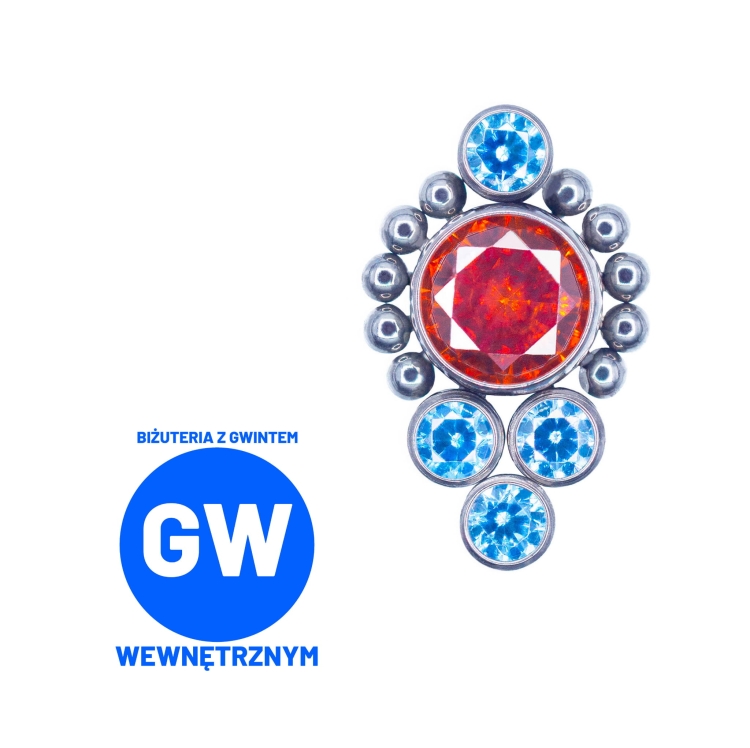Duża ozdoba z czerwonym i niebieskimi kryształami - tytanowy ozdobny labret