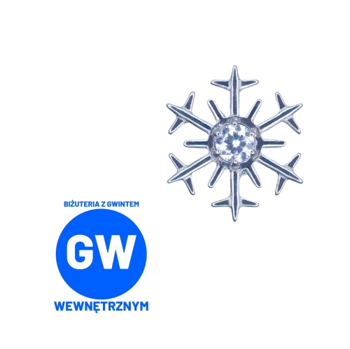 Płatek śniegu śnieżynka z kryształkiem - tytanowy labret do piercingu ucha