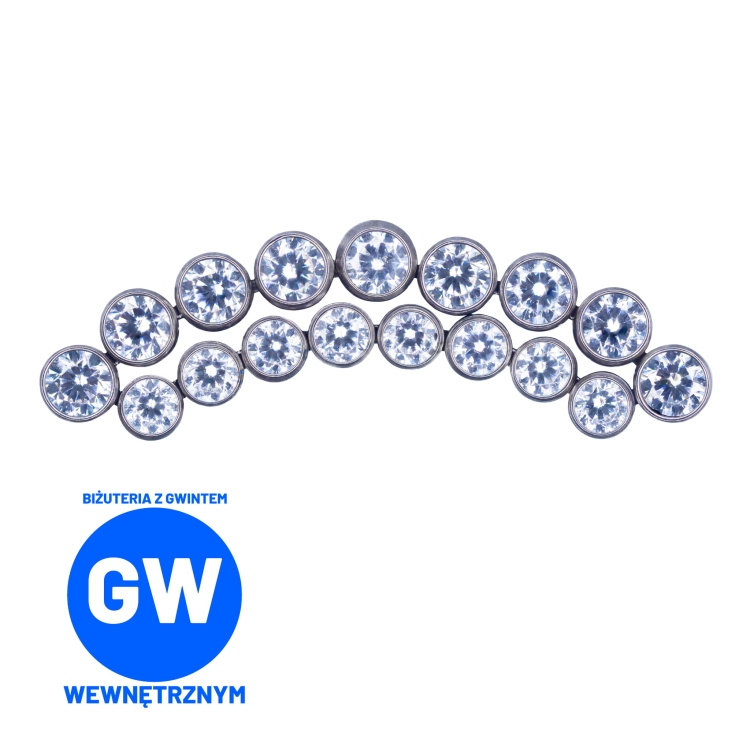 Duży podwójny cluster z kryształami łuk - tytanowy ozdobny labret. Zagięty kolczyk do piercingu ucha, helix, flat. Gwint wewnętrzny.