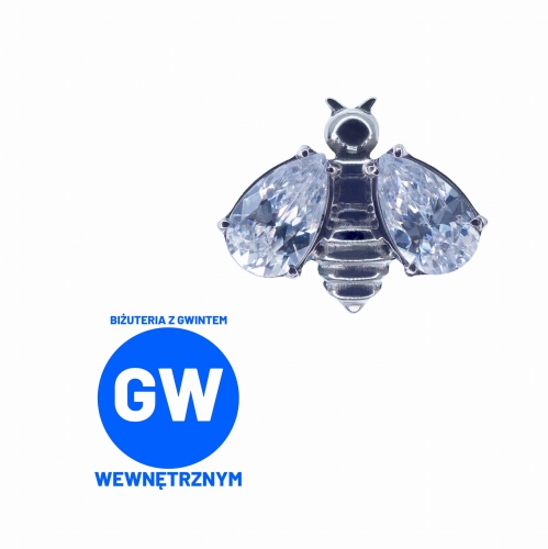 Pszczoła z kryształowymi skrzydłami - tytanowy ozdobny labret. Kolczyk do piercingu ucha lobe, flat, conch.