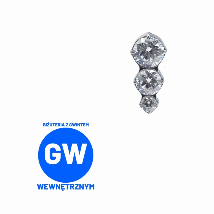 Teardrop 3 kryształki w pionie - tytanowy ozdobny labret. Biżuteria ozdobna do przekłuć piercingu ucha - upper lobe, flat, helix, tragus