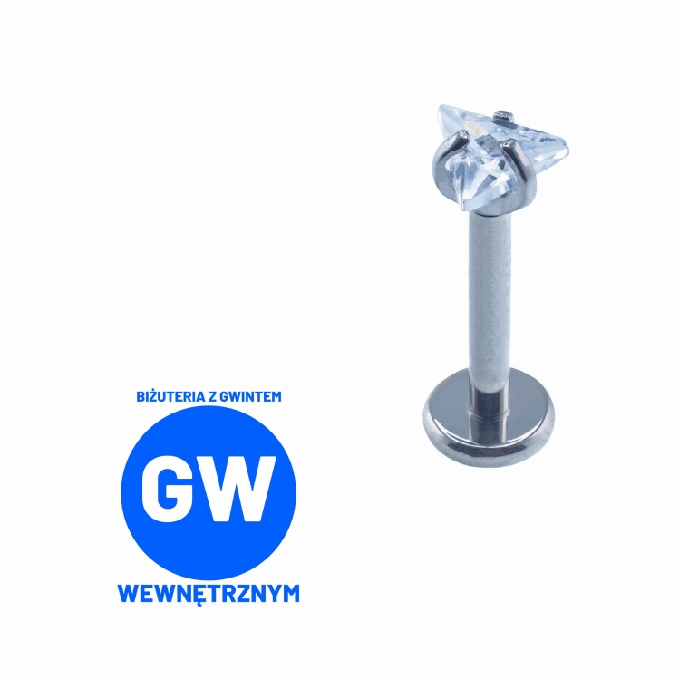 Kryształowy trójkąt w szponach - tytanowy ozdobny labret. Kolczyk kryształ do piercingu ucha - lobe, tragus, forward helix, conch, flat. Biały w labrecie gwint wewnętrzny