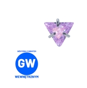 Kryształowy trójkąt w szponach - tytanowy ozdobny labret. Kolczyk kryształ do piercingu ucha - lobe, tragus, forward helix, conch, flat. Różowy