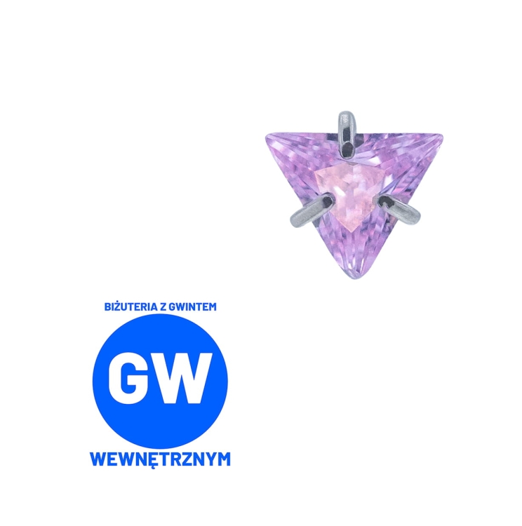 Kryształowy trójkąt w szponach - tytanowy ozdobny labret. Kolczyk kryształ do piercingu ucha - lobe, tragus, forward helix, conch, flat. Różowy