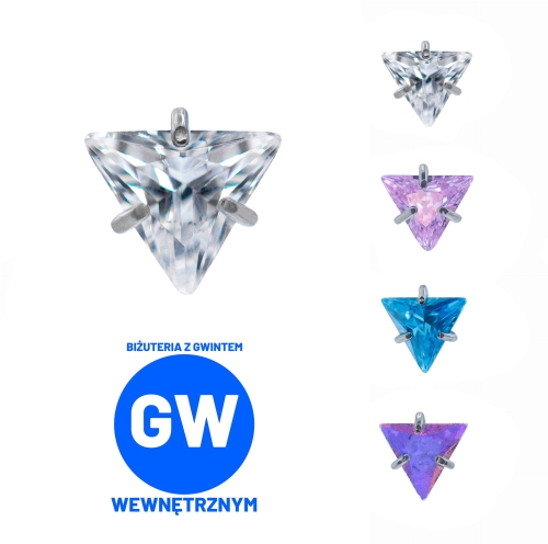 Kryształowy trójkąt w szponach - tytanowy ozdobny labret. Kolczyk kryształ do piercingu ucha - lobe, tragus, forward helix, conch, flat. Wiele kolorów