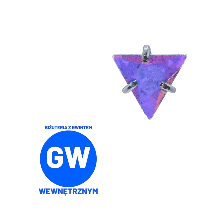 Kryształowy trójkąt w szponach - tytanowy ozdobny labret. Kolczyk kryształ do piercingu ucha - lobe, tragus, forward helix, conch, flat. Disco wielokolorowy