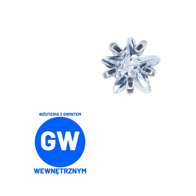 Kryształowa gwiazda w szponach - tytanowy ozdobny labret. Mała gwiazdka do piercingu ucha - lobe, flat, forward helix, conch. Biały
