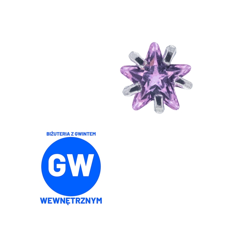 Kryształowa gwiazda w szponach - tytanowy ozdobny labret. Mała gwiazdka do piercingu ucha - lobe, flat, forward helix, conch. Różowy.