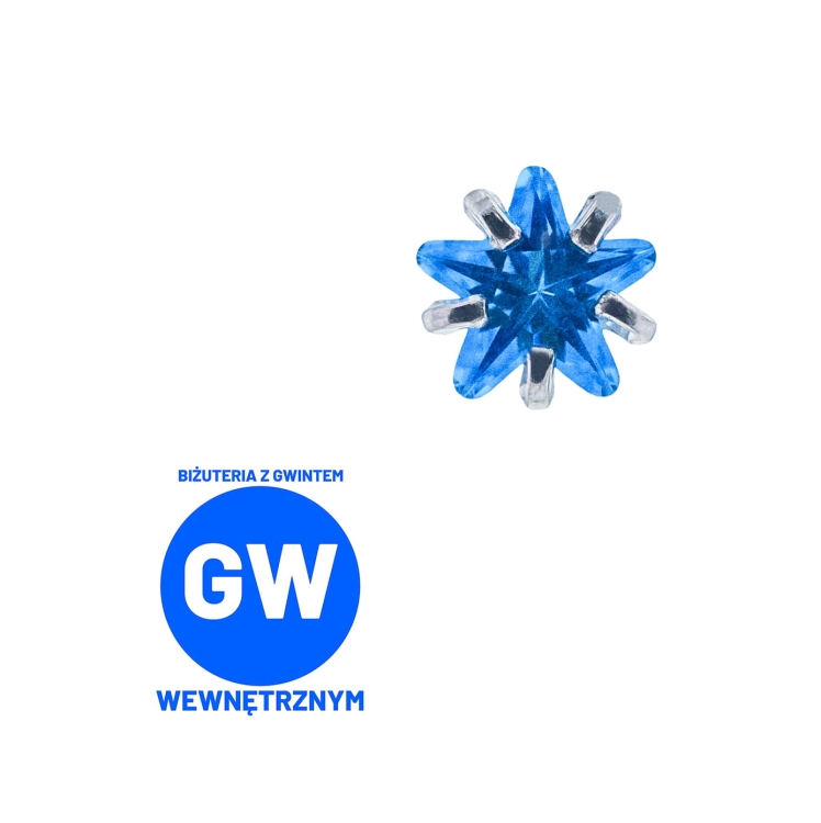 Kryształowa gwiazda w szponach - tytanowy ozdobny labret. Mała gwiazdka do piercingu ucha - lobe, flat, forward helix, conch. Niebieski