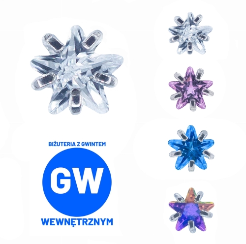 Kryształowa gwiazda w szponach - tytanowy ozdobny labret. Mała gwiazdka do piercingu ucha - lobe, flat, forward helix, conch. Wiele kolorów, kolorowa.
