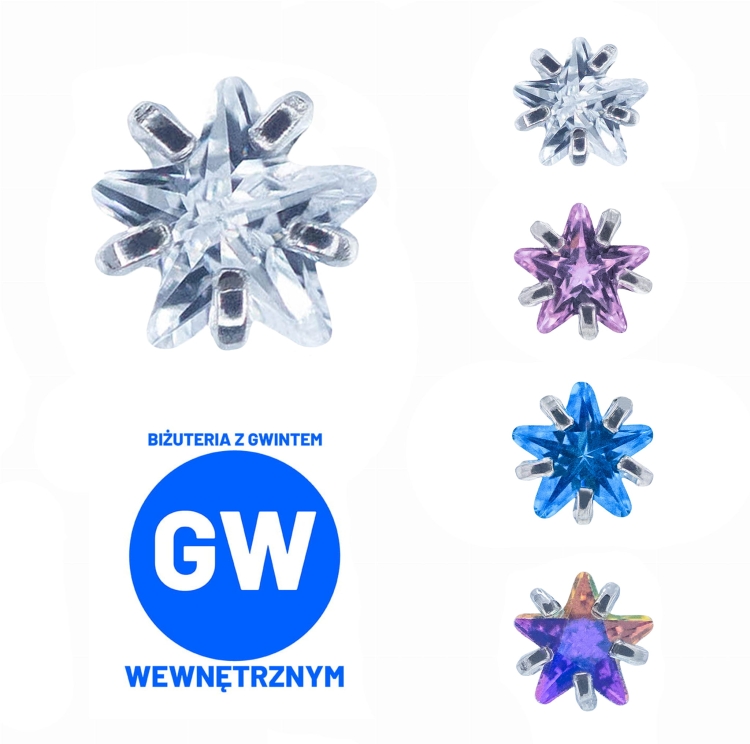 Kryształowa gwiazda w szponach - tytanowy ozdobny labret. Mała gwiazdka do piercingu ucha - lobe, flat, forward helix, conch. Wiele kolorów, kolorowa.
