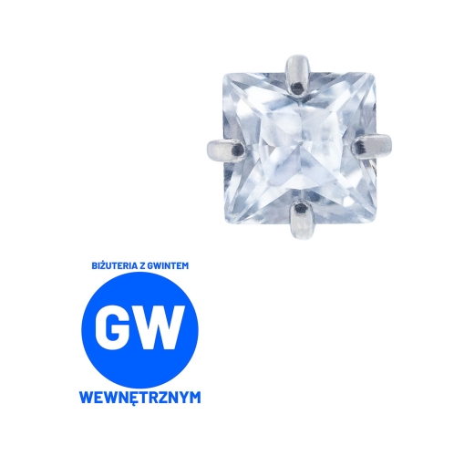Kryształowy kwadrat w szponach - tytanowy labret. Kolczyk do piercingu ucha, nosa. Biały