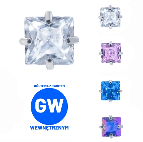 Kryształowy kwadrat w szponach - tytanowy labret. Kolczyk do piercingu ucha, nosa. Biały, różowy, niebieski, fioletowy