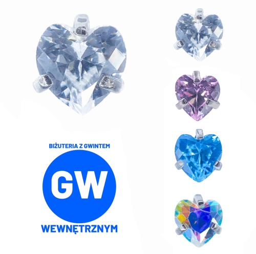 Kryształowe serce serduszko w szponach tytanowy ozdobny labret. Kolczyk do piercingu ucha, nosa.   MIX KOLORÓW