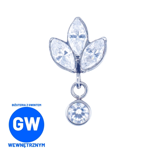 Kryształowy kwiat lotosu z wiszącą cyrkonią - tytanowy ozdobny labret. Kolczyk do piercingu ucha - flat, lobe.