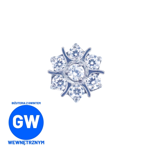 Kryształowy biały kwiat - tytanowy ozdobny labret. Biżuteria do piercingu ucha przekłucia helix upper lobe flat conch tragus.