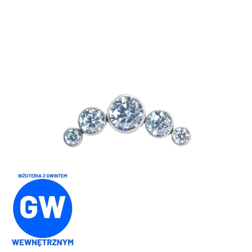 Cluster z 5 okrągłymi kryształami - tytanowy ozdobny labret. Zagięty kolczyk do piercingu ucha - helix, flat, conch.