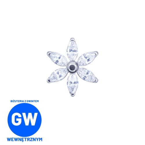 Kryształowy kwiatek okrągły tytanowy ozdobny labret. 6 cyrkonii w kształcie łezki markiza. Biżuteria do piercingu przekłuć ucha - lobe, helix, flat, conch