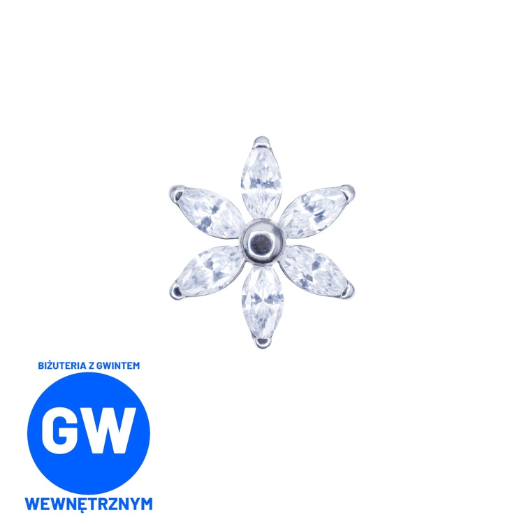 Kryształowy kwiatek okrągły tytanowy ozdobny labret. 6 cyrkonii w kształcie łezki markiza. Biżuteria do piercingu przekłuć ucha - lobe, helix, flat, conch
