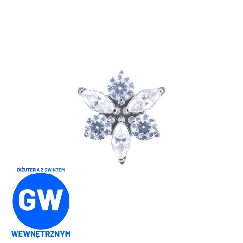 Kryształowy kwiatek trójkąt tytanowy ozdobny labret. Kolczyk do przekłuć piercingu ucha - lobe, helix, flat, conch, tragus.