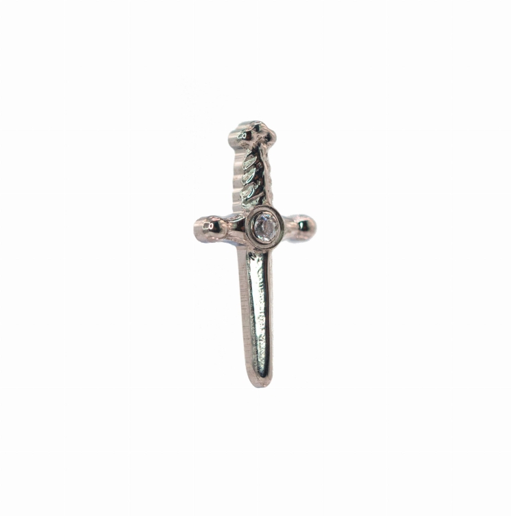 Sztylet z kryształem - tytanowy ozdobny labret. Kolczyk do piercingu stylizacji ucha. Biżuteria do przekłucia conch flat helix lobe