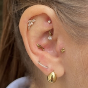 Tytanowy labret anodowany na kolor złoty w kształcie ryby koi założony na przekłucie conch dopełniając stylizację ucha