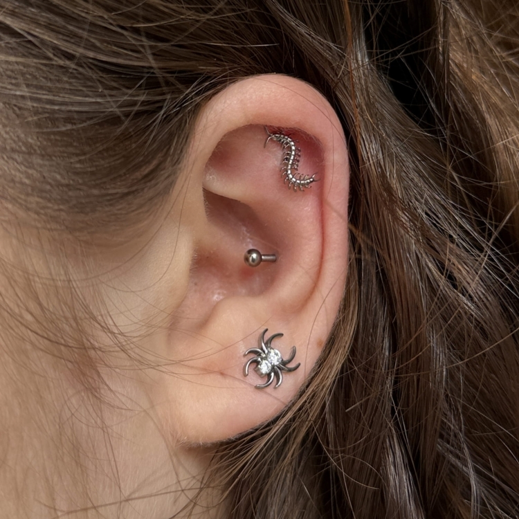 Kryształowy pajęczak - pająk ptasznik z kryształem tytanowy ozdobny labret biżuteria kolczyk halloween. Kolczyk do lobe, helix, flat, conch.