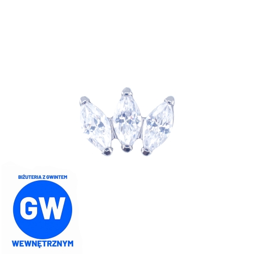 Tytanowy cluster z 3 kryształowymi łezkami labret do conch helix. Kolczyk do piercingu, stylizacja ucha.