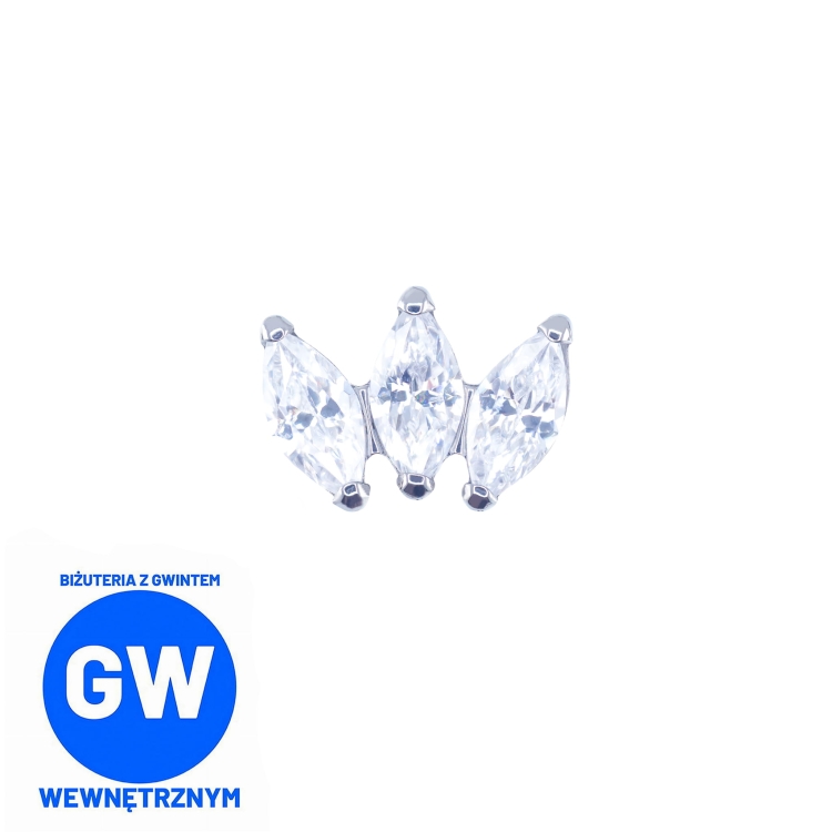 Tytanowy cluster z 3 kryształowymi łezkami labret do conch helix. Kolczyk do piercingu, stylizacja ucha.