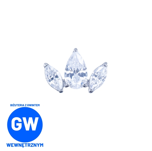 Tytanowy labret z trzema kryształami łezki L258. Kolczyk do piercingu ucha - conch, upper lobe, helix, flat, tragus.