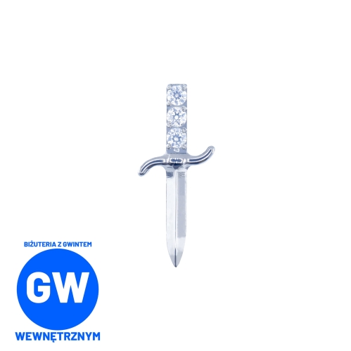 Tytanowy miecz z kryształami labret ozdobny. Kolczyk w kształcie sztylet z cyrkoniami do piercingu ucha - upper lobe, flat, helix, conch.