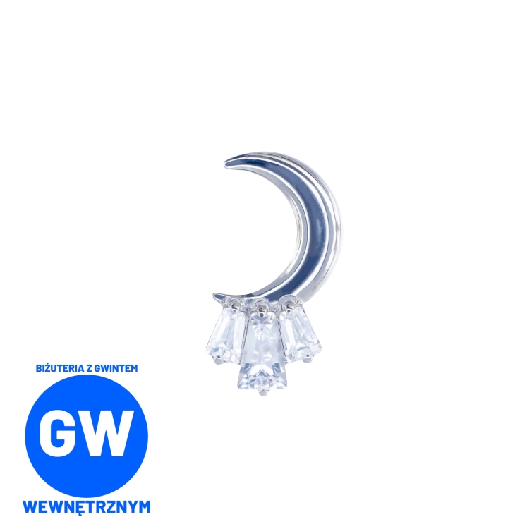 Tytanowy półksiężyc z trzema prostokątnymi kryształami imitujące lód. Labret kolczyk ozdobny do piercingu ucha - flat, lobe,  helix, conch.