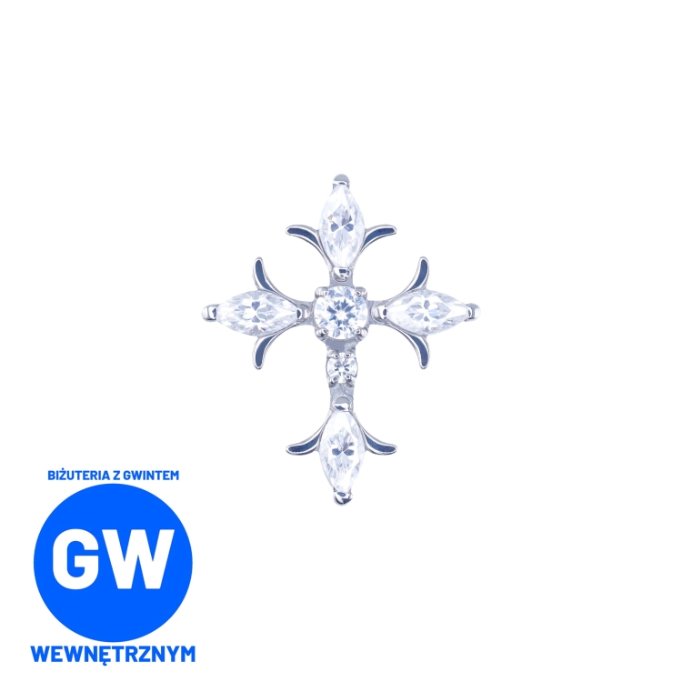 Kryształowy ozdobny krzyż tytanowy labret . Zdobiony krzyż z kryształów. Kolczyk do piercingu ucha upper lobe, flat.