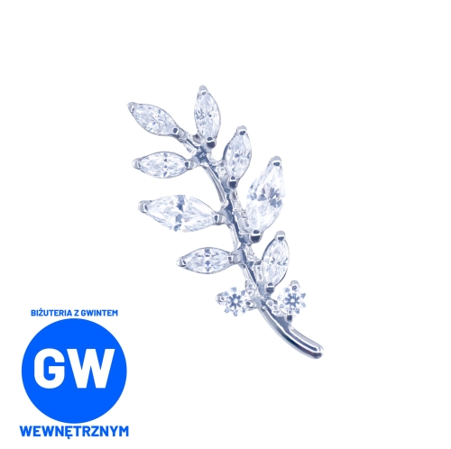 Kryształowy liść tytanowy labret z wieloma cyrkoniami  L227 roślinny motyw roślina roślinka