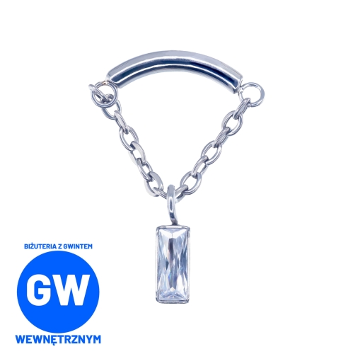 Zagięty kolczyk z łańcuszkiem i wiszącą prostokątną cyrkonią do hidden helix - tytanowy ozdobny labret L262.jpg