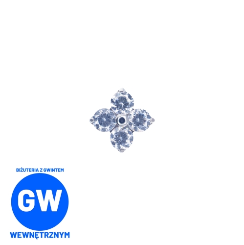 Kwiatek z 4 kryształowymi płatkami - tytanowy ozdobny labret L255 mały/duży  do piercingu ucha.