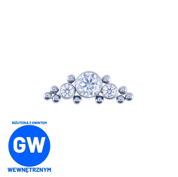 Cluster z 3 kryształami i kuleczkami tytanowy ozdobny labret. Duży kolczyk do piercingu ucha - conch flat helix.jpg