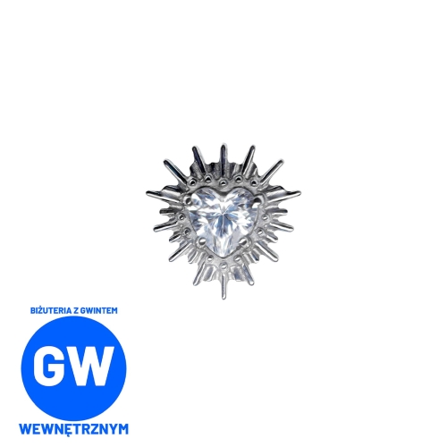 Gorejące kryształowe serce maryjne w cierniach tytanowy labret z promieniami. Kolczyk do piercingu stylizacji ucha