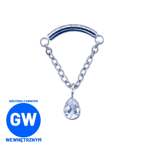 Zagięty kolczyk z łańcuszkiem i wiszącą okrągłą cyrkonią hidden helix - tytanowy ozdobny labret L263.jpg