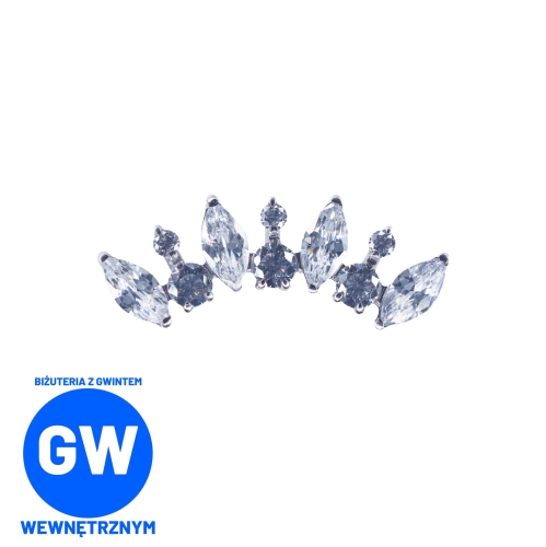 Cluster z kryształami korona - tytanowy ozdobny labret. Duży zagięty kolczyk, biżuteria do piercingu ucha - conch, flat helix.