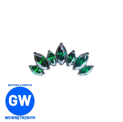 Cluster z 7 dużymi zielonymi kryształami - malachitowa markiza do concha - tytanowy labret