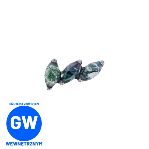 Agat mszysty - pochylone listki - tytanowy labret ozdobny. Imitacja naturalnego kamienia Moss Agate. Kompozycja na sztucznym uchu, dużo kolczyków. Piercing ucha helix flat lobe tragus conch upper lobe.